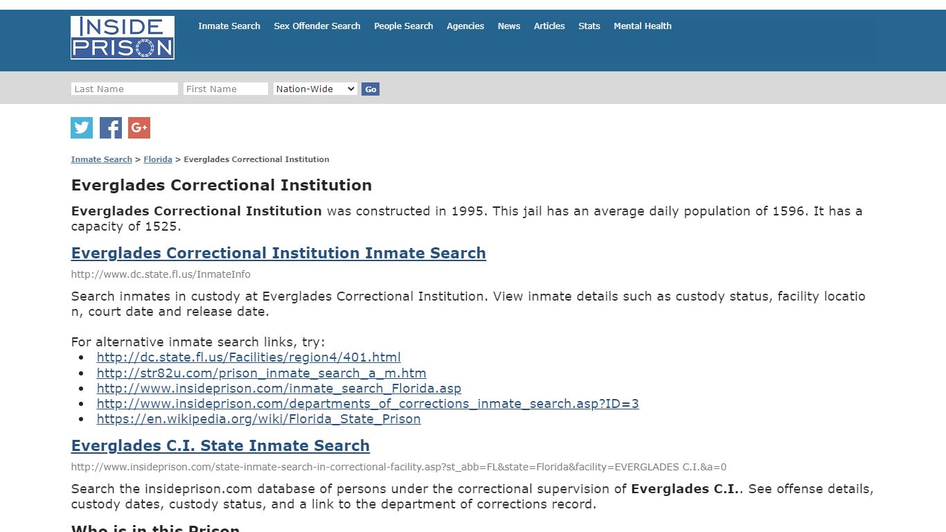 Everglades Correctional Institution - Florida - Inmate Search